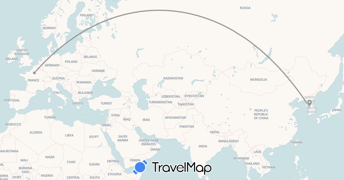 TravelMap itinerary: driving, plane in France, South Korea (Asia, Europe)